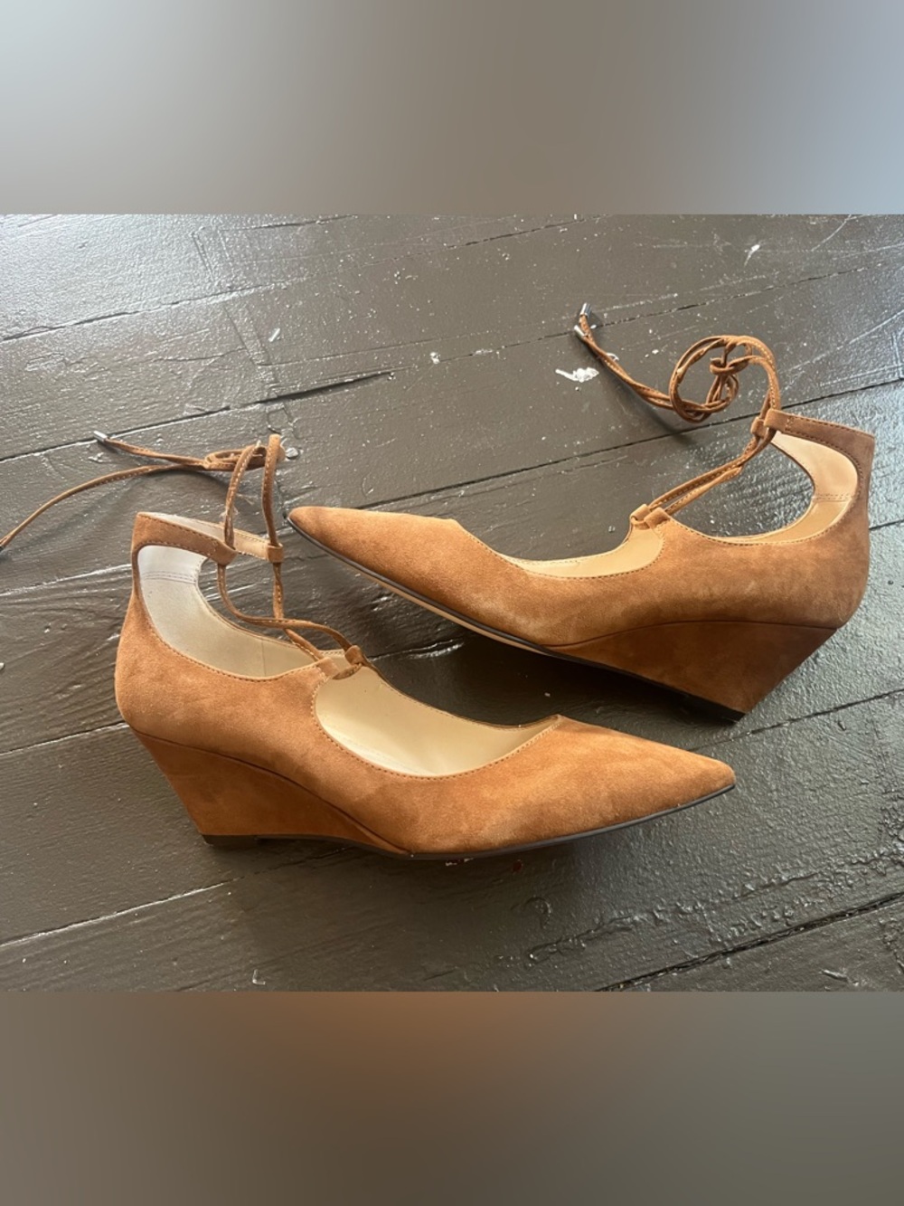 Marc Fisher Tan Suede Pointed-Toe Lace-Up Wedges - Picture 3 of 9